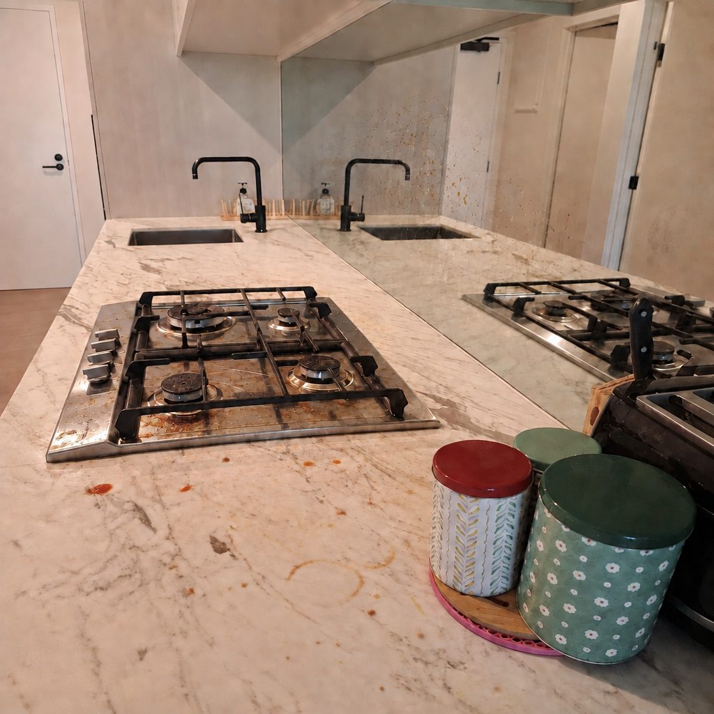 Kitchen benchtop and stovetop with grease and stains before a JML deep clean