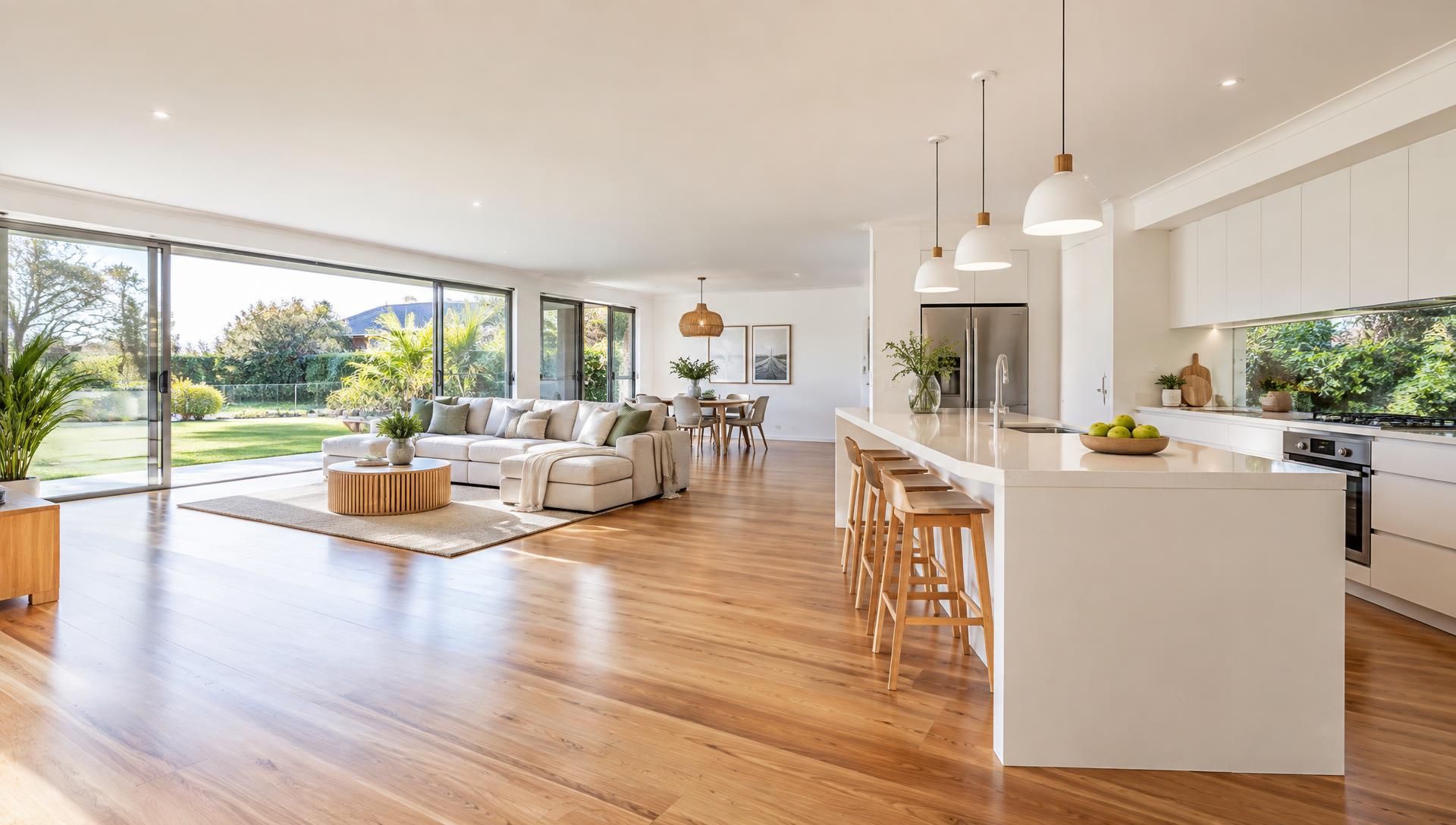 Freshly cleaned open-plan kitchen and dining area with polished timber floors